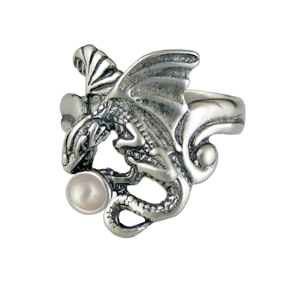 Sterling Silver Detailed Dragon Ring With Cultured Freshwater Pearl Size 8